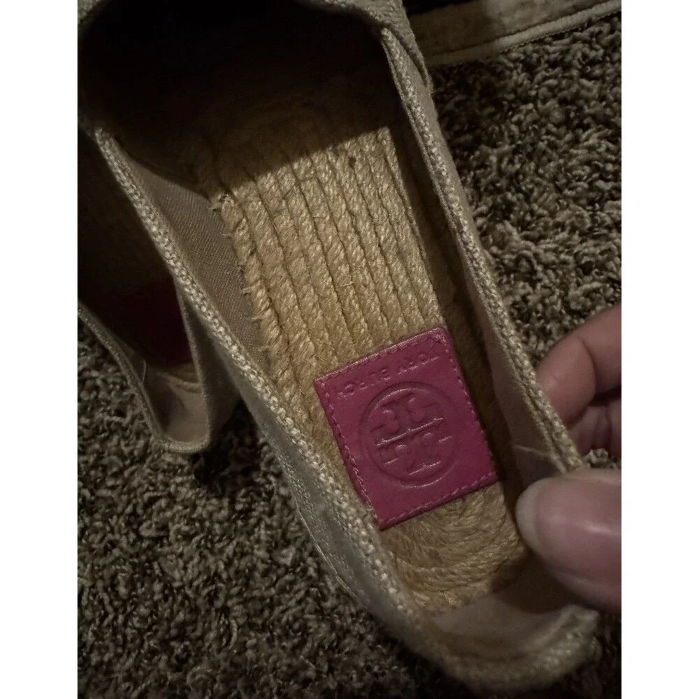 EUC Tory Burch Weston Women Beige Pink Logo Slip On Espadrilles Flats Shoe Sz 7